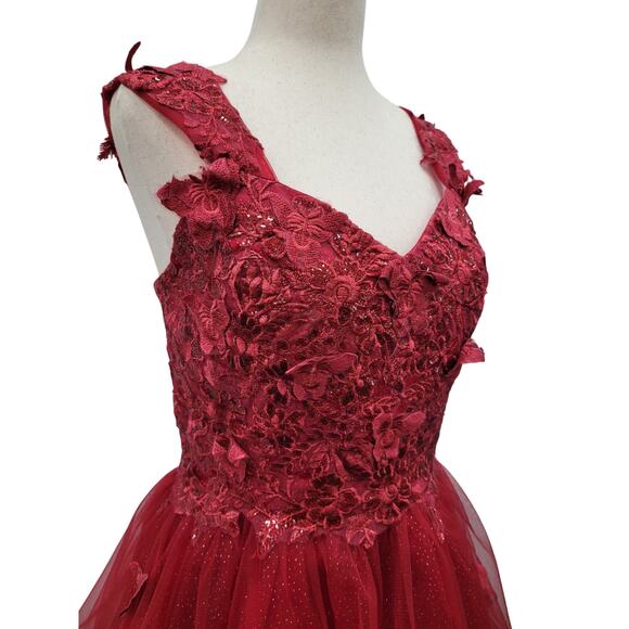 NWT Women's Crimson Red Short Butterfly Cocktail Dress with Tulle Corset back - Picture 5 of 13